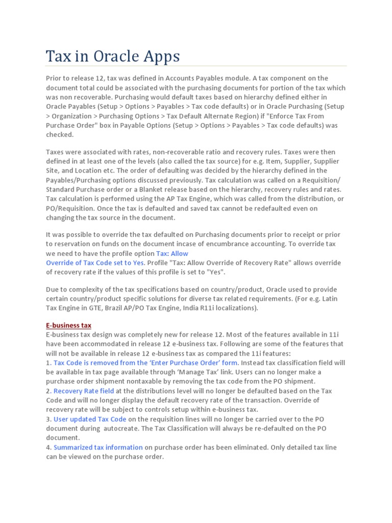 Tax In Oracle Apps R12 PDF Electronic Business Taxes