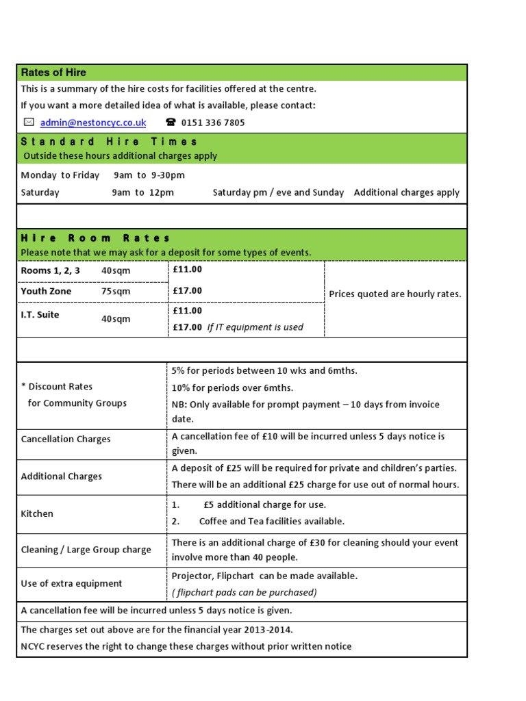 Facility Hire Rates and Charges Summary | PDF