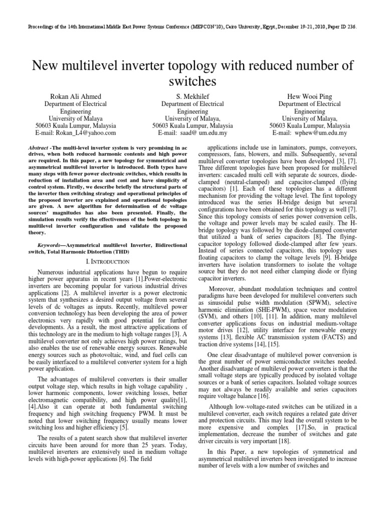New Multilevel Inverter Topology With Reduced Number of | PDF | Power ...