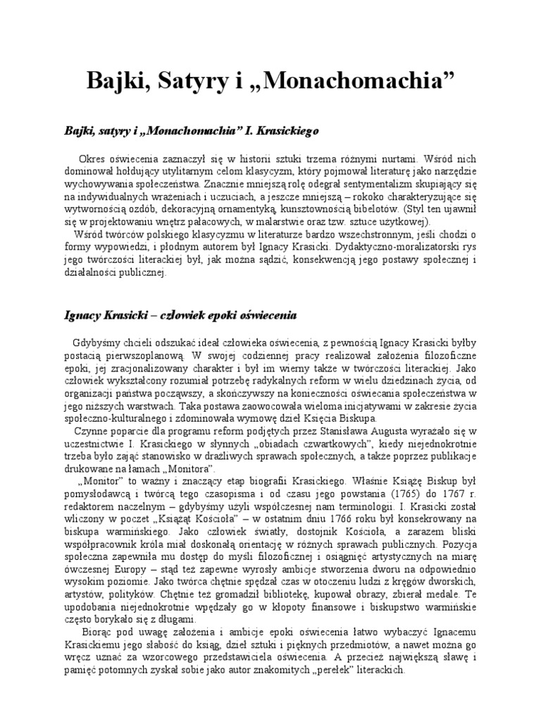 Dydaktyczny Charakter Bajek I Satyr Krasickiego