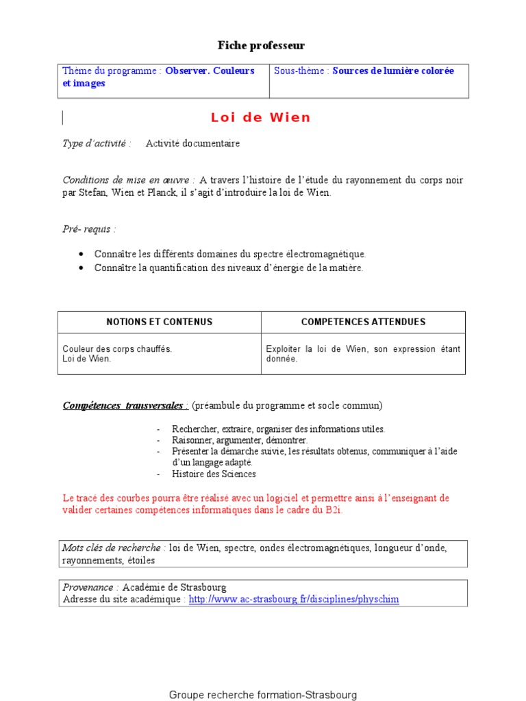 Exercice Loi De Wien Enseignement Scientifique
