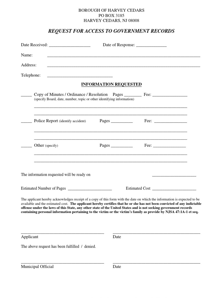 Harvey Cedars OPRA Request Form Social Institutions Society