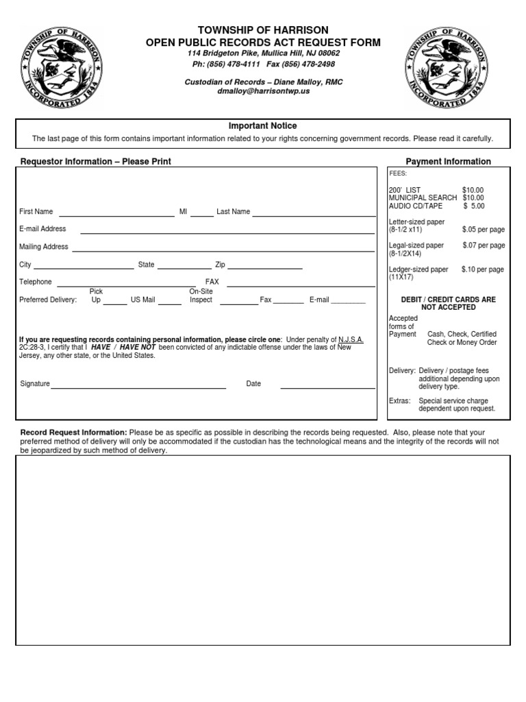 Harrison OPRA Form Request Form Online Safety & Privacy Computer