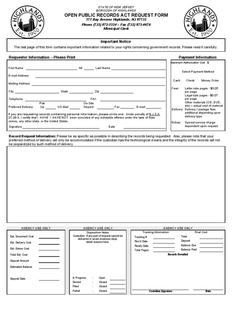 Highlands OPRA Request Form Online Safety & Privacy Computer Security