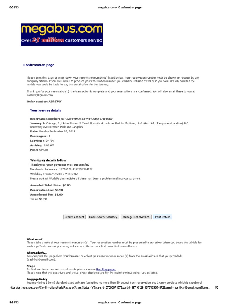 Megabus Travel Confirmation | PDF | Business