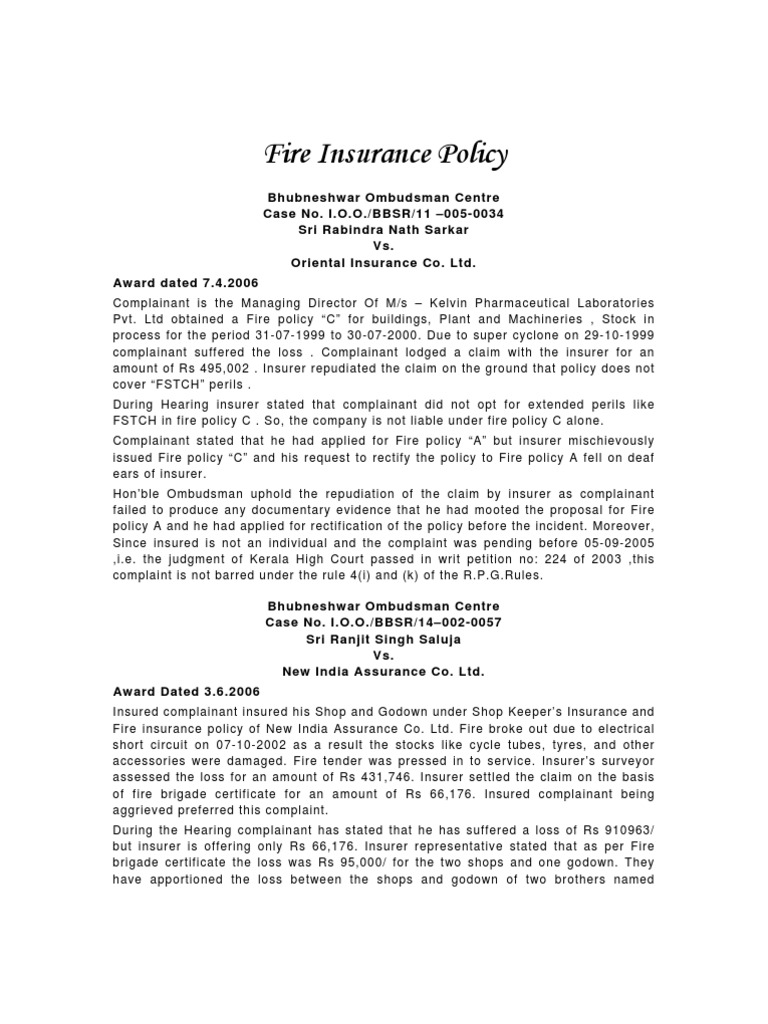 case study on fire insurance with solution