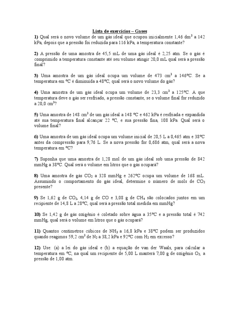 Lista de exercícios sobre a aplicação da lei dos gases ideais e da ...