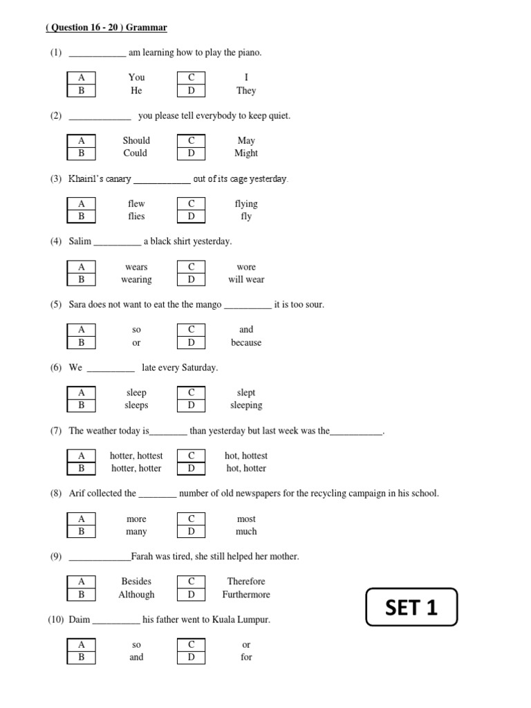 English UPSR Grammar Questions Q16 20 Foods