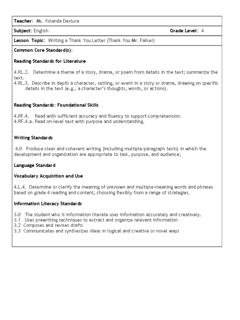 Lesson Plan Thank You Mr Falker Reading Comprehension Teaching
