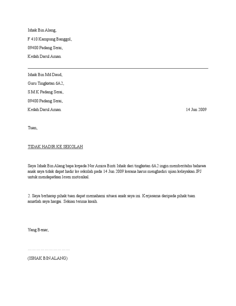 Contoh Surat Memohon Cuti Sekolah Pdf