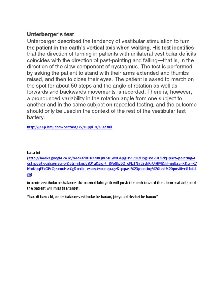 Unterberger's Test for Vestibular Deficits | PDF