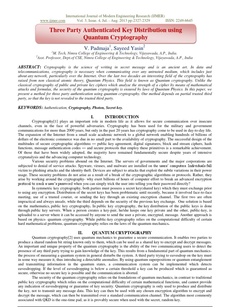 Three Party Authenticated Key Distribution Using Quantum Cryptography ...