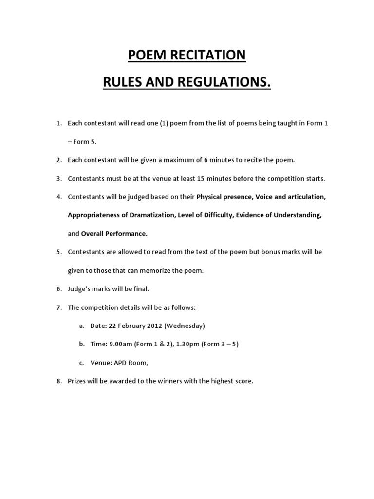 Poem Recitation Rules And Regulations