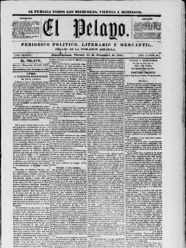 El Pelayo 1851 [Spanish language Newspaper in New Orleans] Cuba