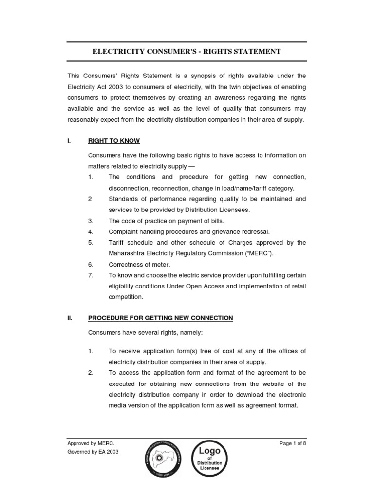 Electricity Consumer Rights Overview | PDF | Cheque | Electric Power ...