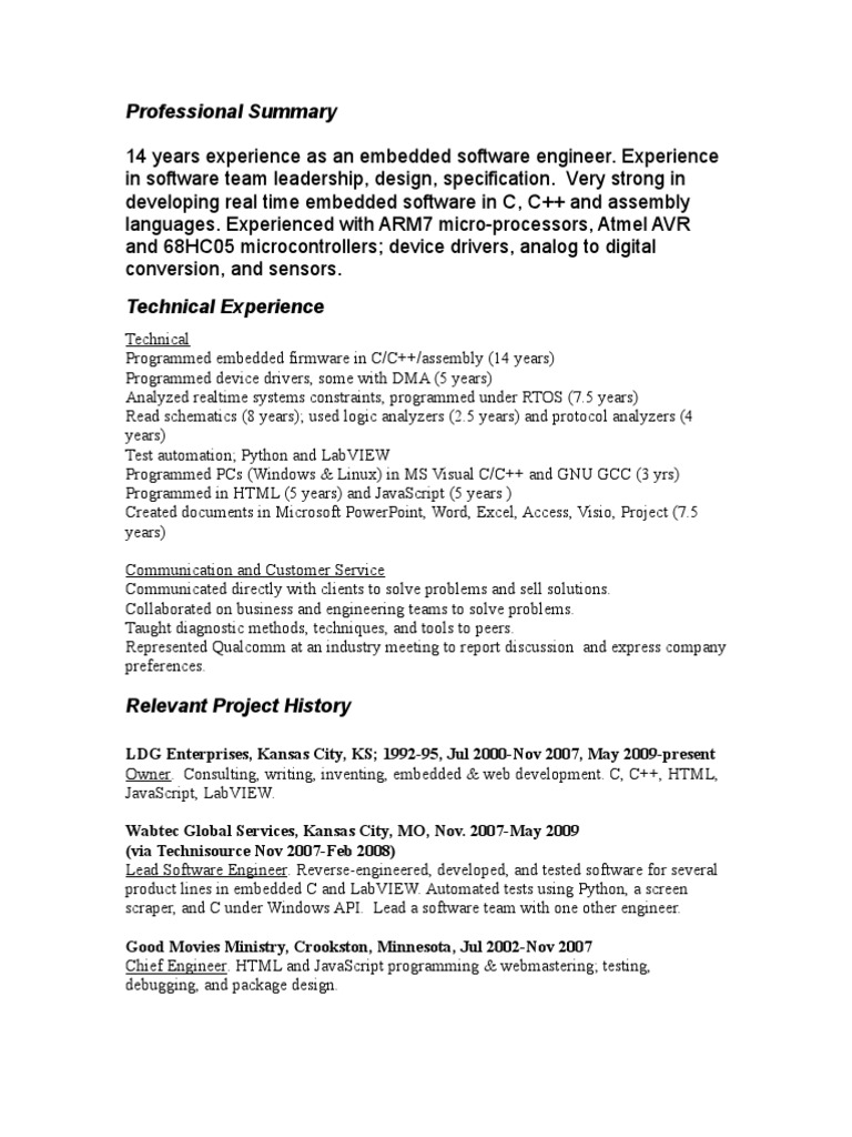 Liam Gray Lead Embedded Software Engineer Resume 5 23 09 - 