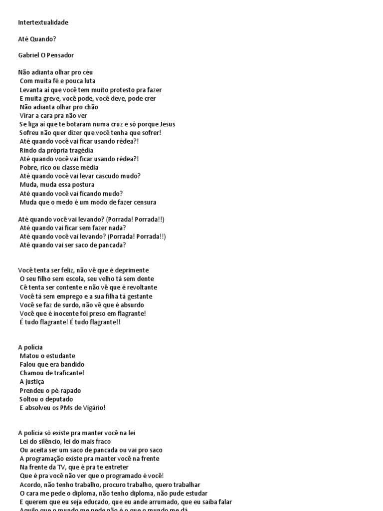 Intertextulidade Análise de Música Até Quando de Gabriel o Pensador ...