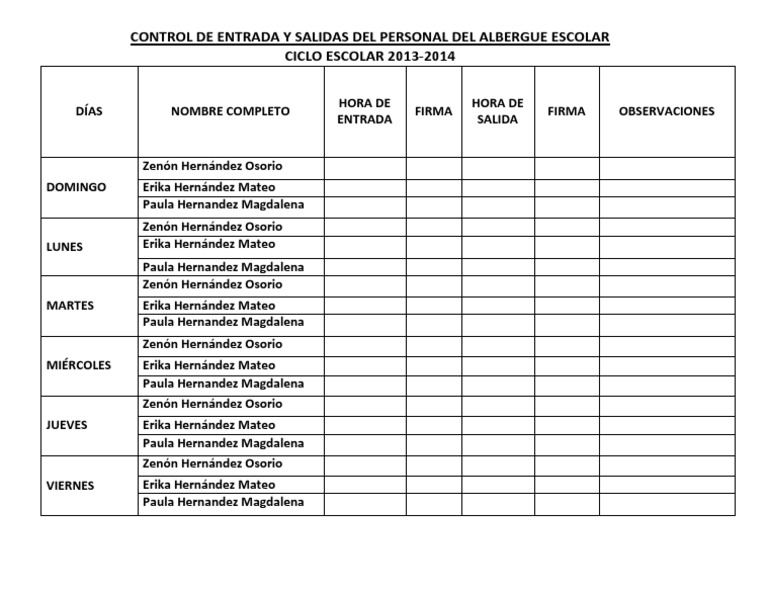 sitio Importancia Incorrecto Control de Entrada y Salidas Del Personal Del Albergue Escolar | PDF