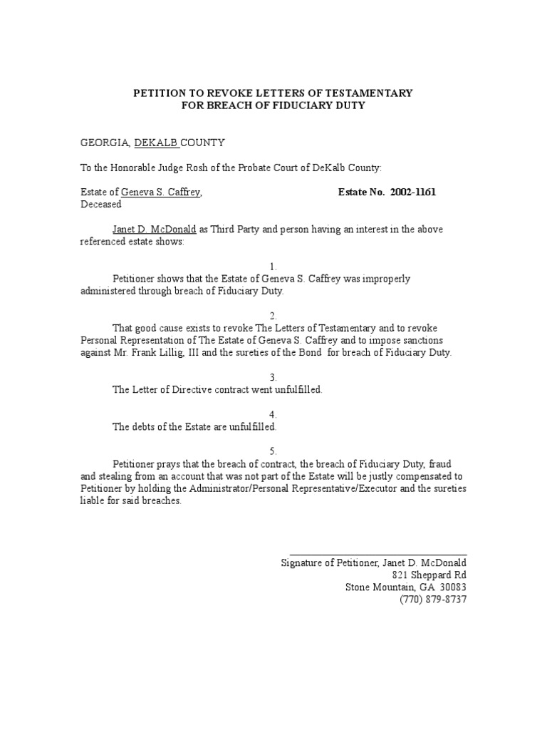 Petition To Revoke Letters of Testamentary | PDF | Probate | Fiduciary