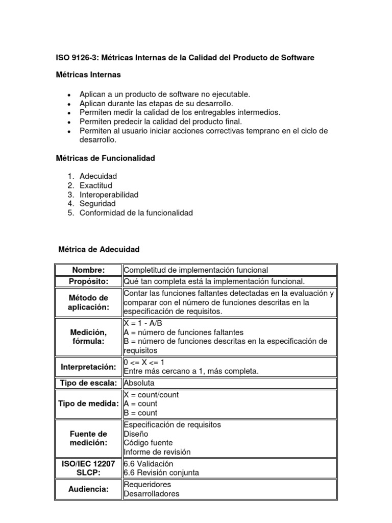 ISO 9126 (Metricas) | PDF | Calidad (comercial) | Organización ...