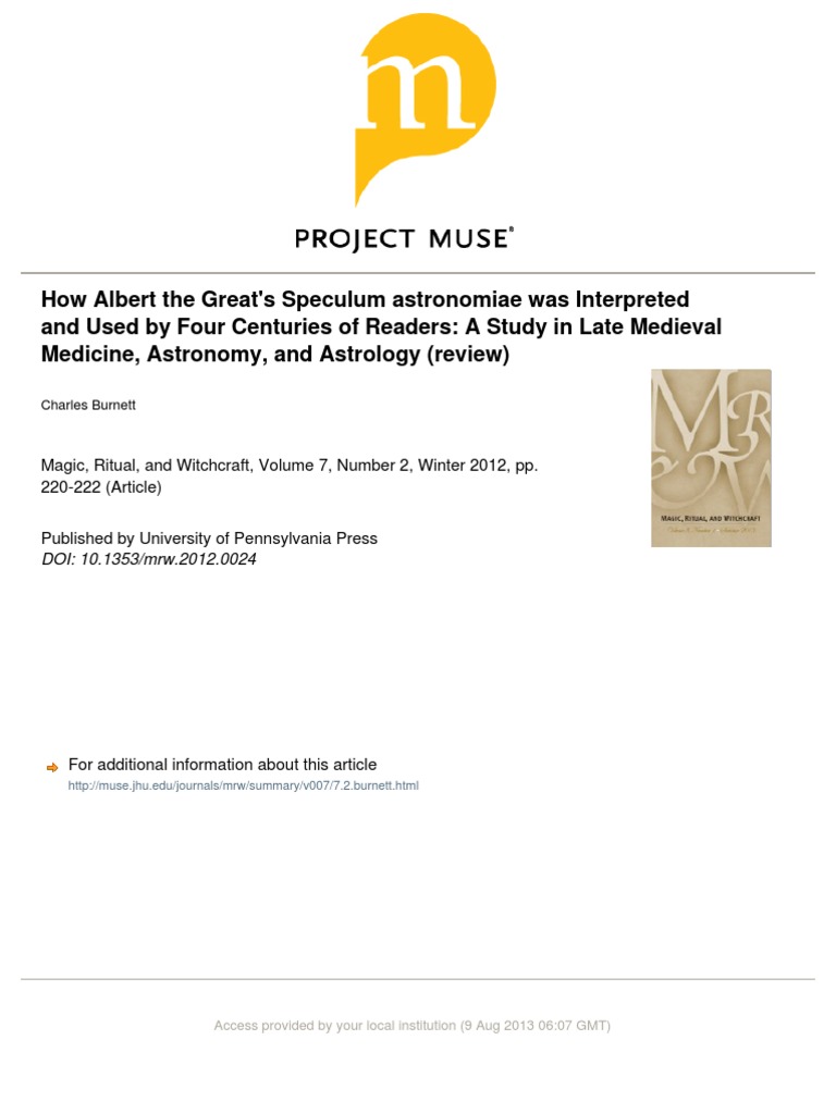Albert The Great's Speculum Astronomiae PDF Astrology Anthropology