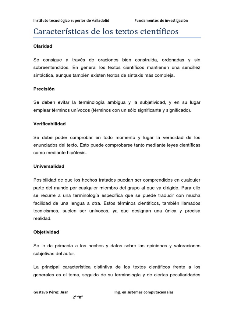Caracteristicas de Los Textos Cientificos Autor Ensayos