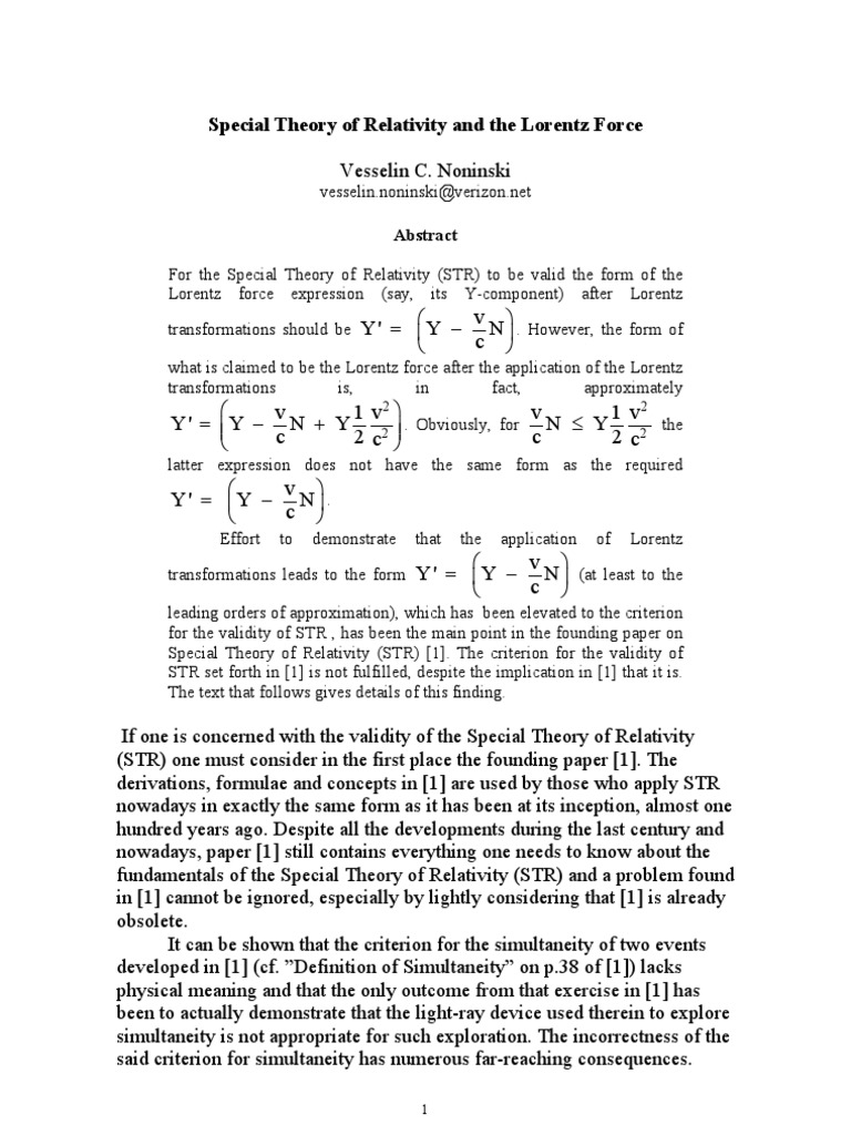 Special Theory Of Relativity The Lorentz Force Pdf Special