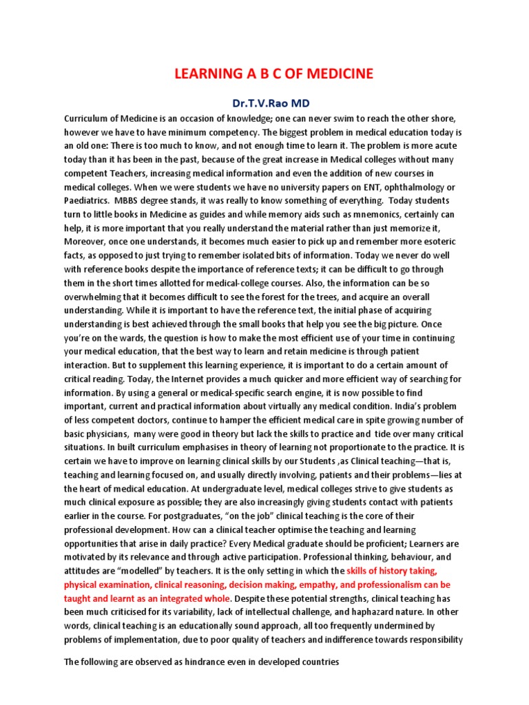 Learning a b c of medicine pdf medical education teachers