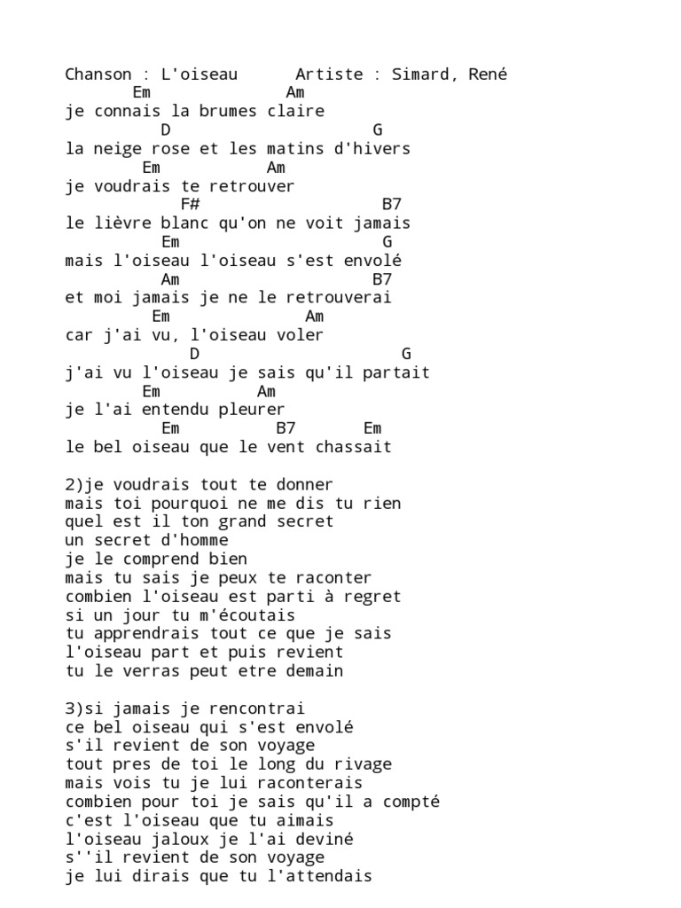L Oiseau Et L énfant Paroles Pdf L'Oiseau Chords Accords | PDF