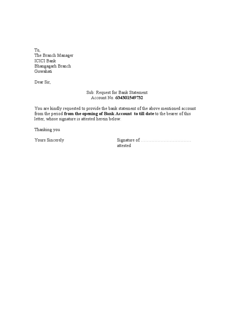 bank statement application letter in english