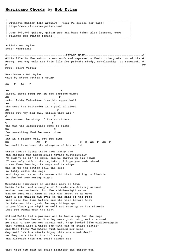 Hurricane Chords by Bob Dylan Tabs Ultimate Guitar Archive