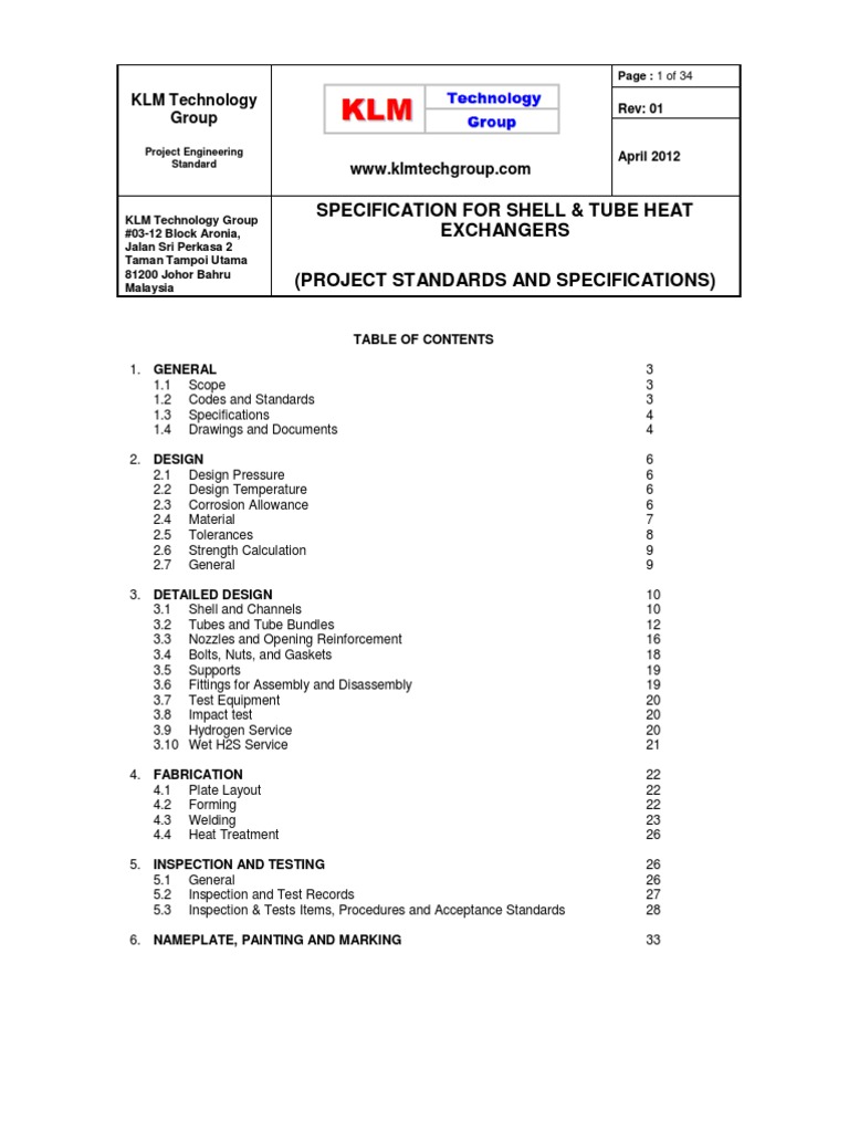 Shell & Tube Heat Exchanger Specs | PDF | Pipe (Fluid Conveyance ...