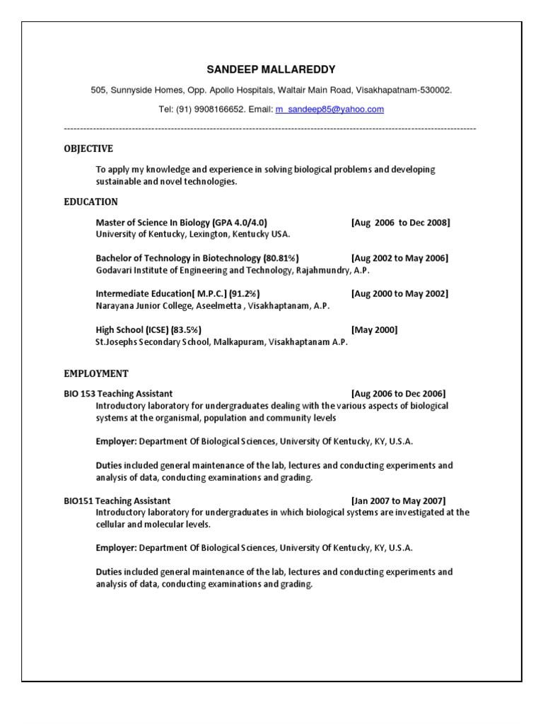Btech biotechnology resume