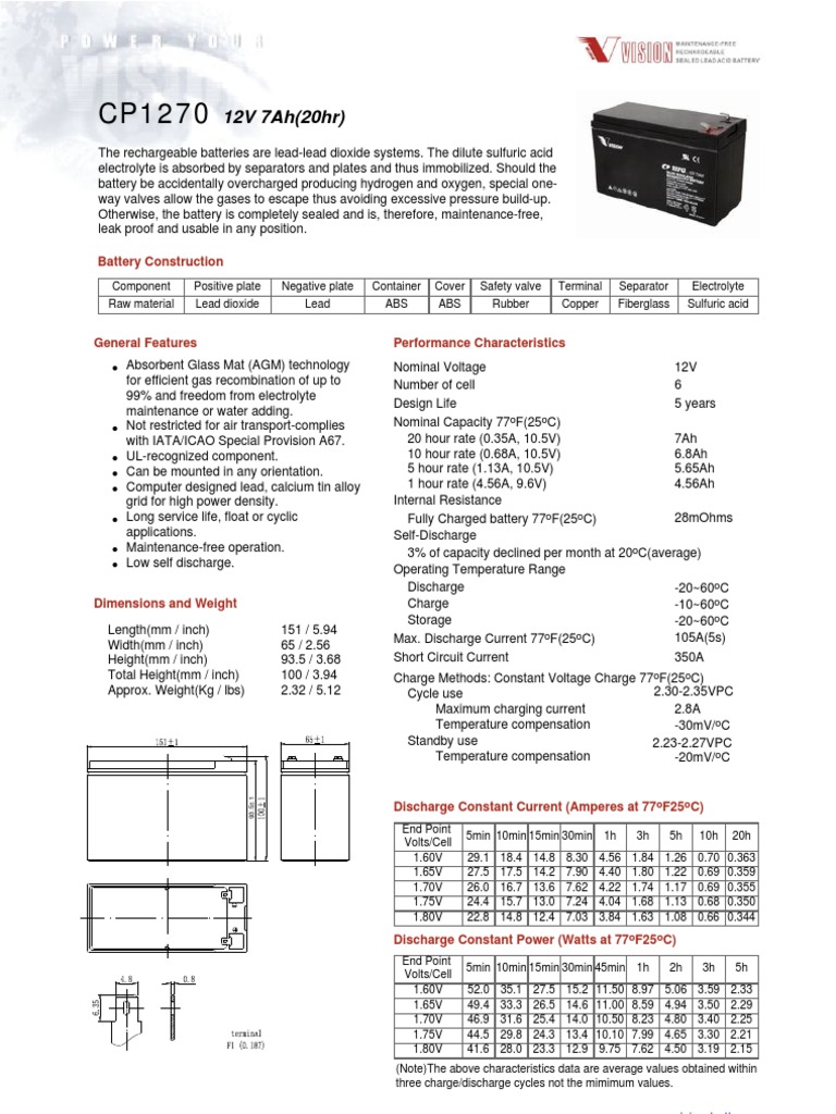 Vision Cp1270 (12v7ah) PDF Battery (Electricity) Electricity