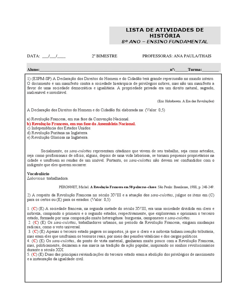 Exercicios De Historia Revolução Francesa 8o Ano