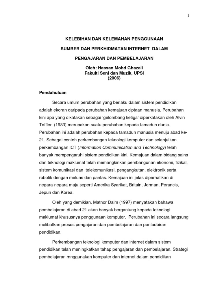 Kelebihan Dan Kelemahan Penggunaan Sumber Dan Perkhidmatan Internet Dalam Pengajaran Dan Pembelajaran Pdf