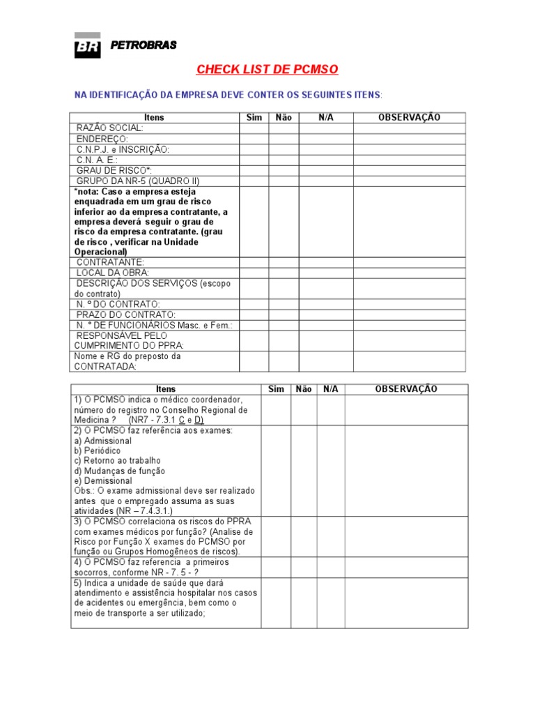 Check List PCMSO: Exames e Requisitos | PDF | Risco | Remédio