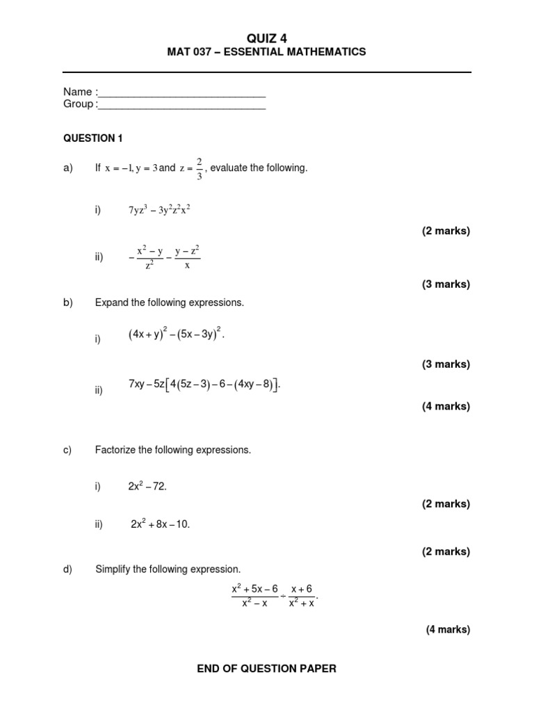 Essential Mathematics Quiz 4 Guide | PDF | Teaching Methods & Materials ...