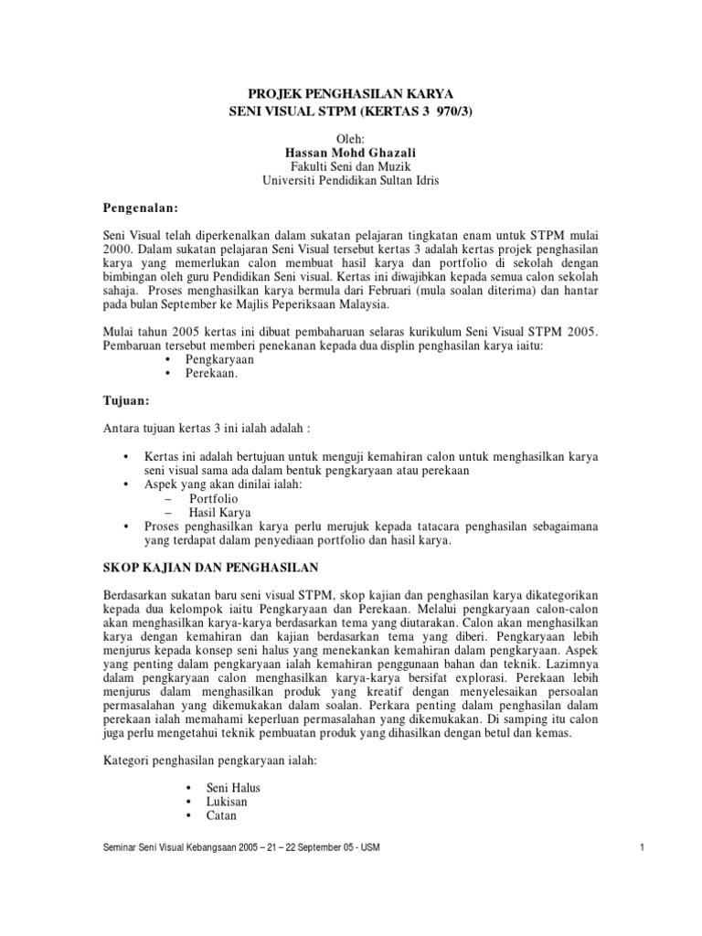Projek Penghasilan Karya Seni Visual Stpm Pdf