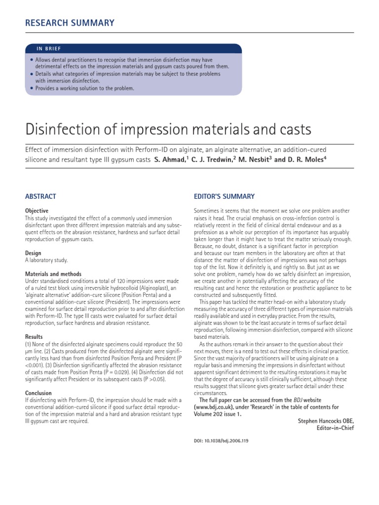 Disinfection of Impression Materials and Casts PDF University