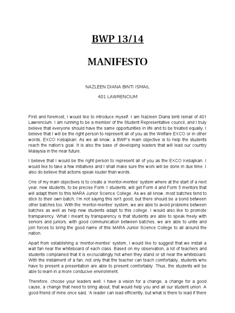 Student Representative Council Manifesto Cognition Psychology