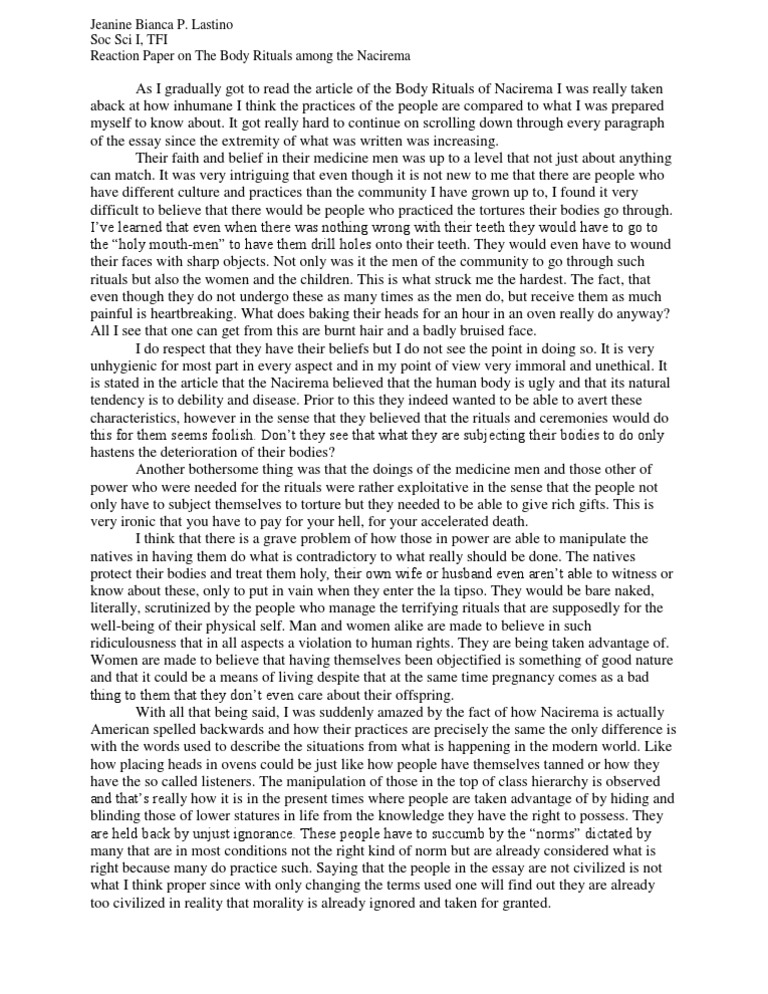 Reaction To The Body Rituals Of The Nacirema Pdf Religion And Belief Science
