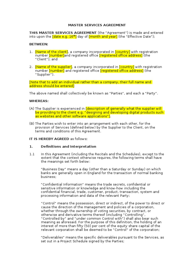 master services agreement free sample Intellectual Property Trademark