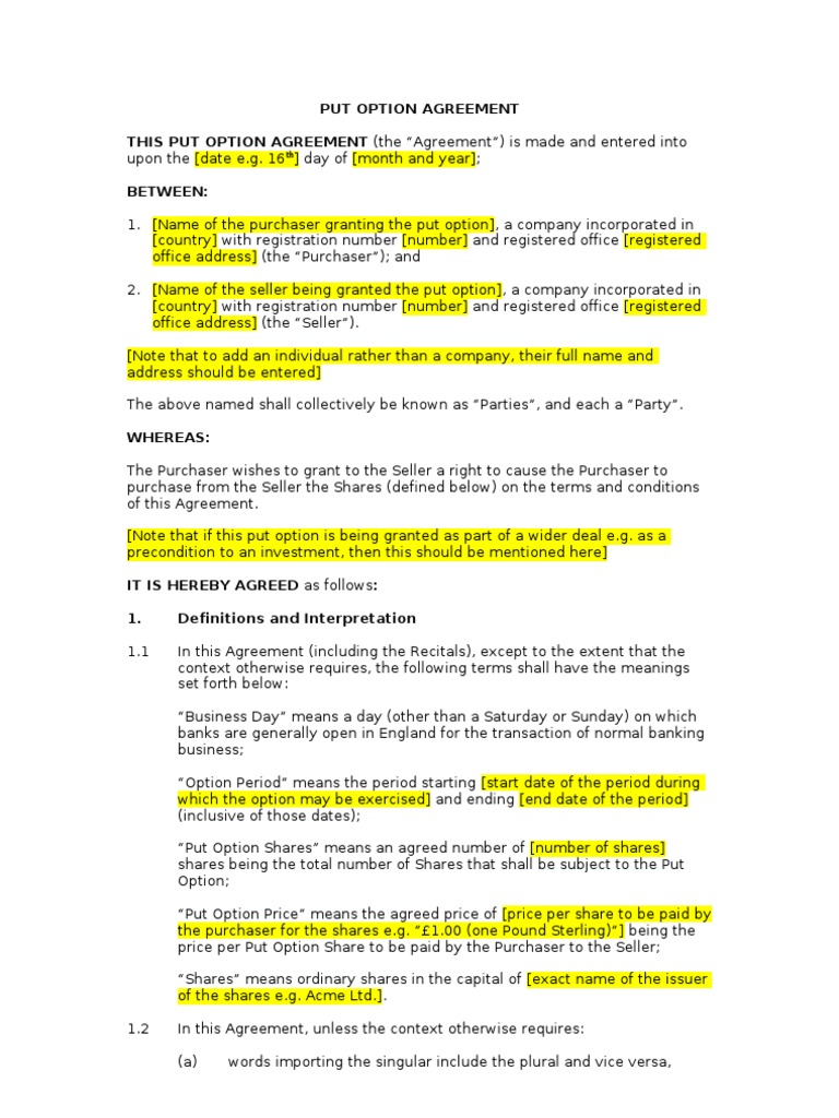 Put Option Agreement Template | PDF | Put Option | Option (Finance)