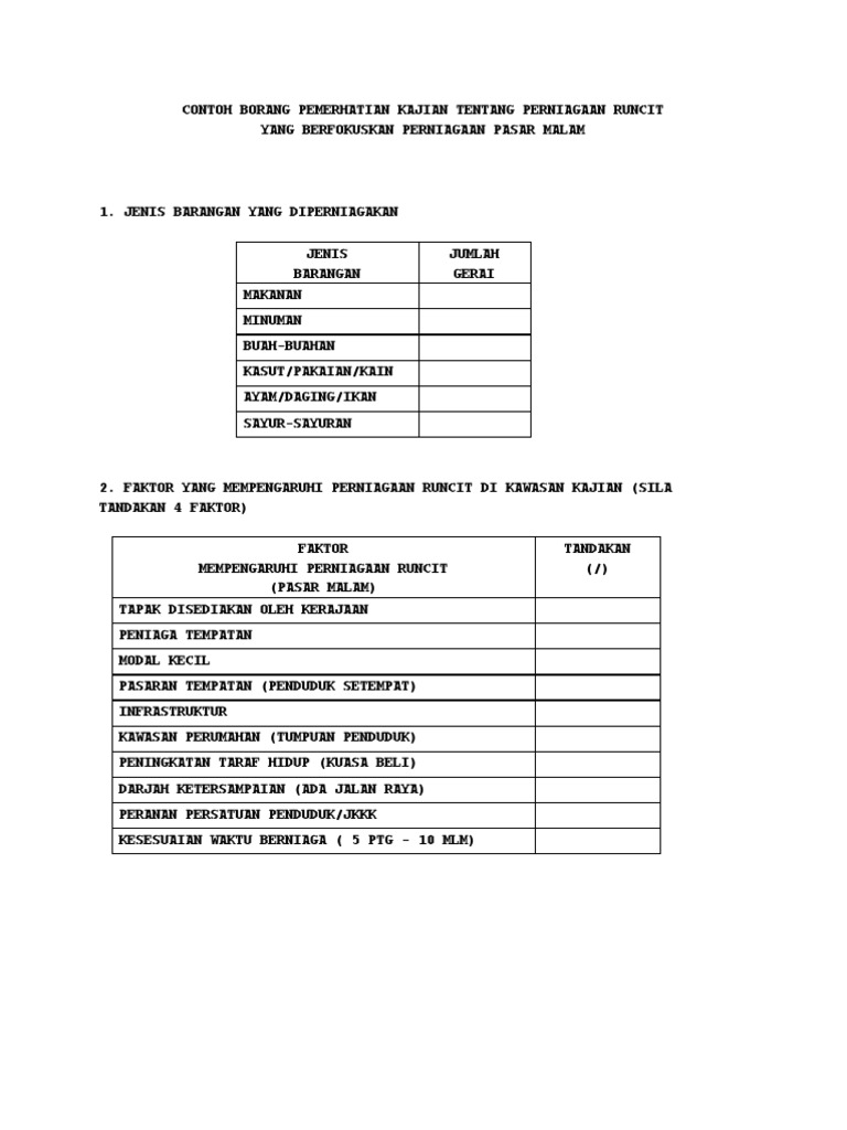 Contoh Borang Pemerhatian Kajian Tentang Perniagaan Runcit Pdf