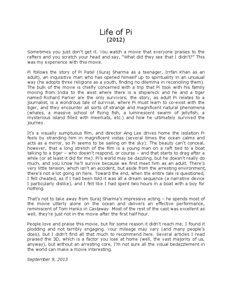 life of pi movie review essay