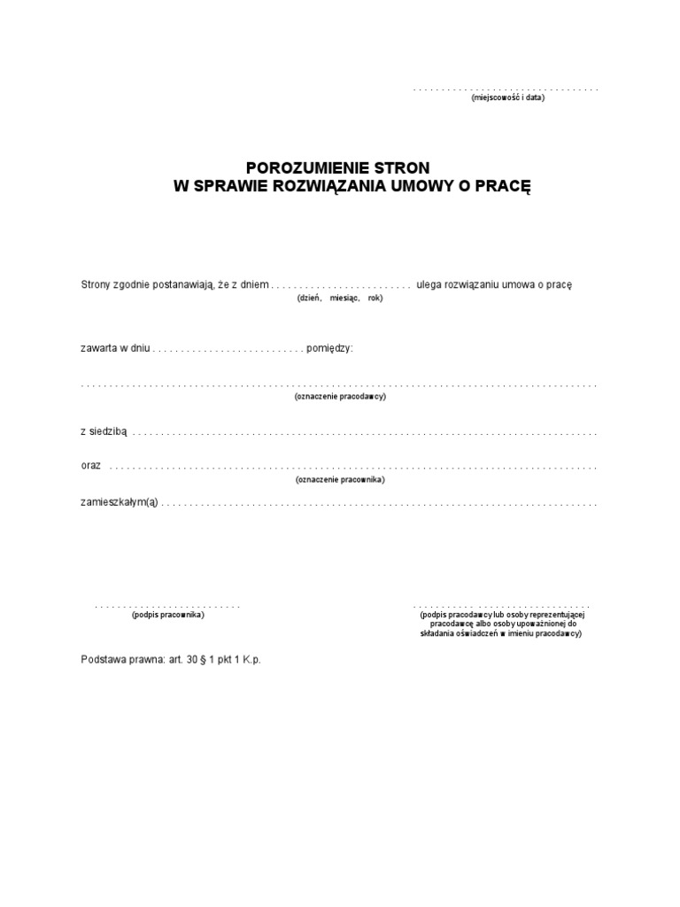 Wypowiedzenie Umowy O Pracę Za Porozumieniem Stron Pdf