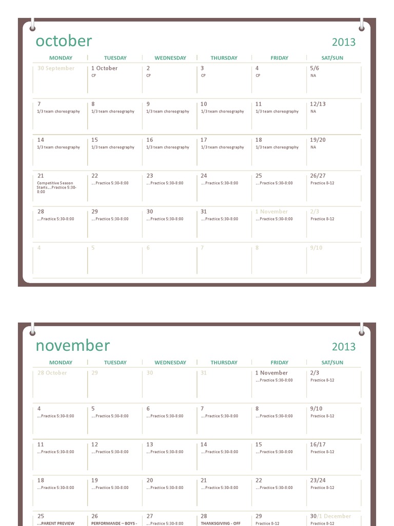 Practice Calendar 13-14 | PDF