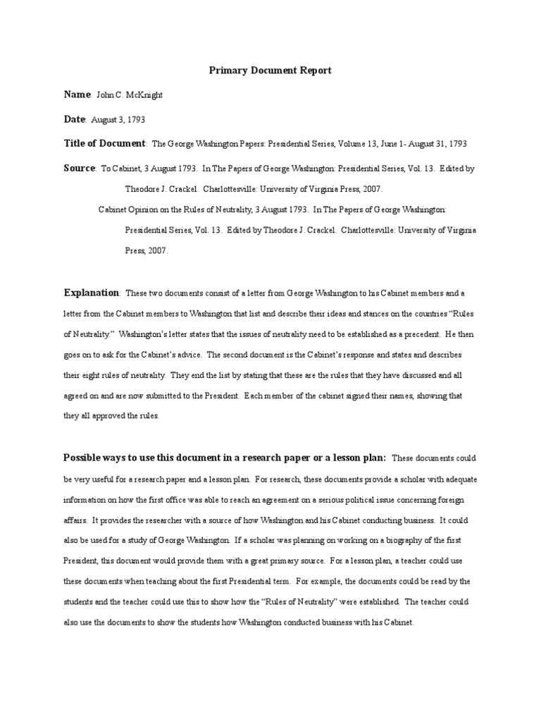 2nd Primary Source Report George Washington Cabinet Government