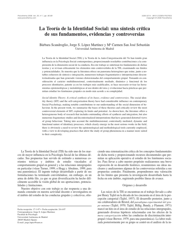La Teoría de La Identidad Social | PDF | Autoestima | Comportamiento